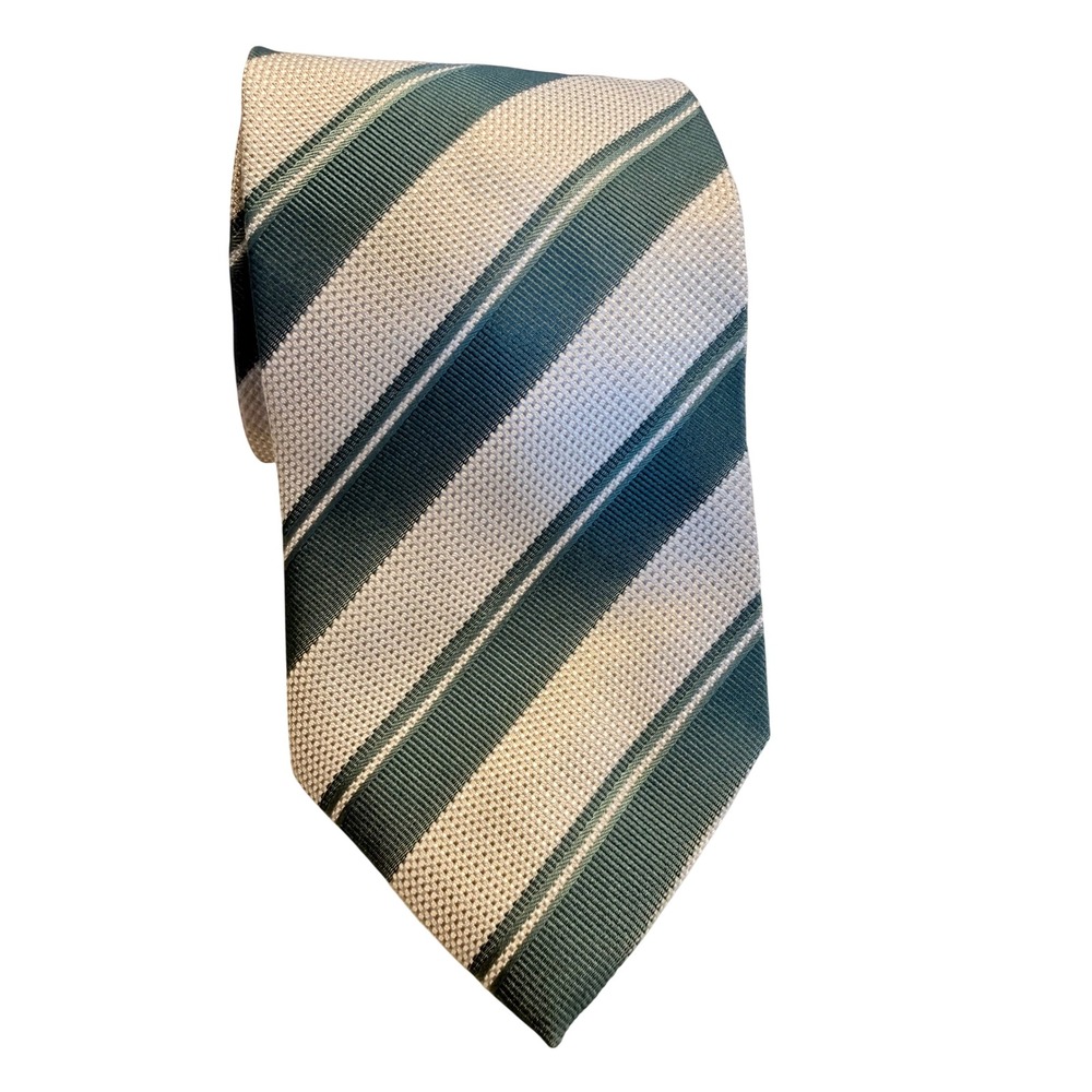 BOSS Hugo Boss Silk Tie Mens OS Green Cream Striped Made in Italy Luxury 0077